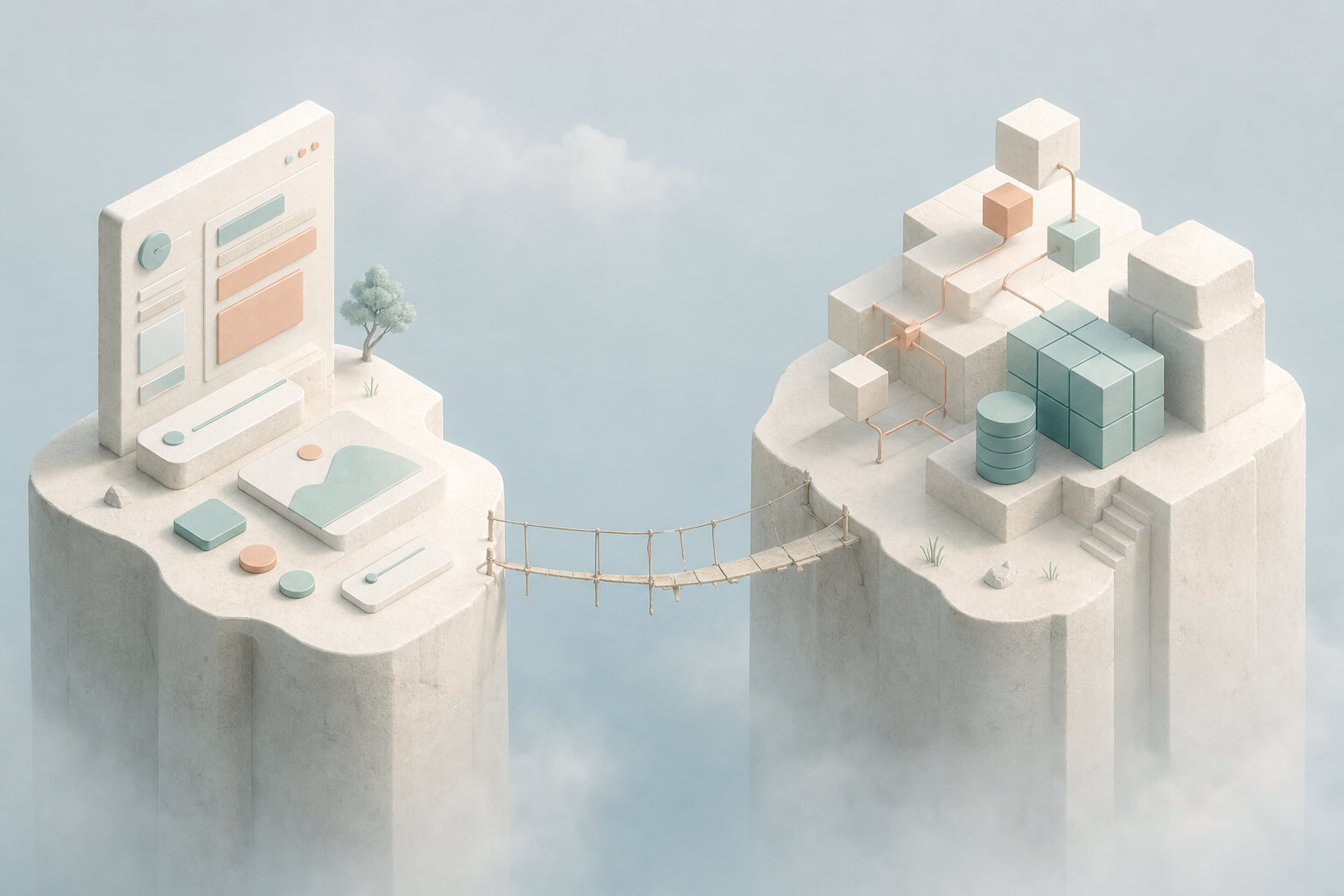 Two product contexts connected by a narrow bridge, representing the fragmented context created by frontend-backend separation