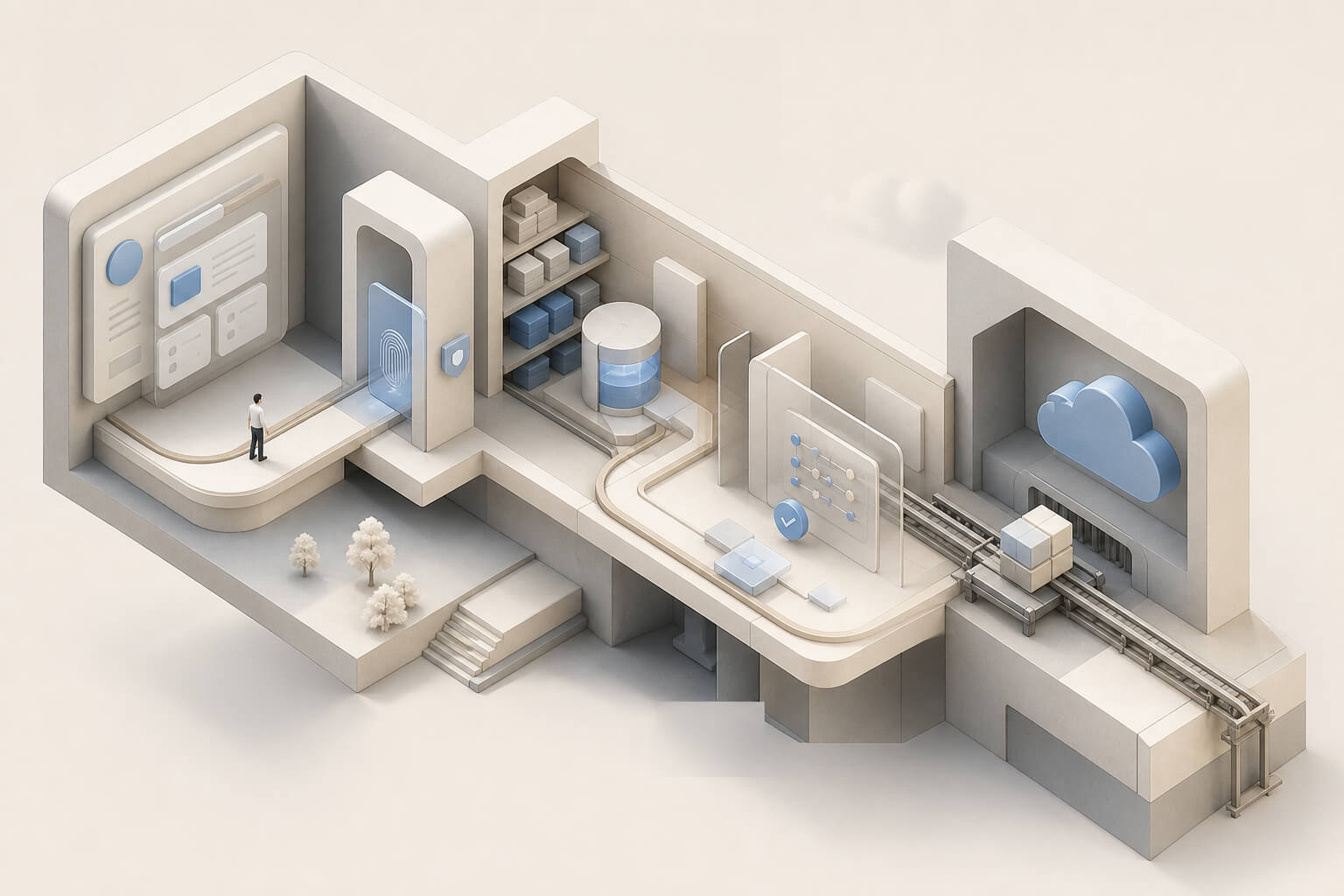Interface, permissions, data, and deployment arranged inside one product-layer space