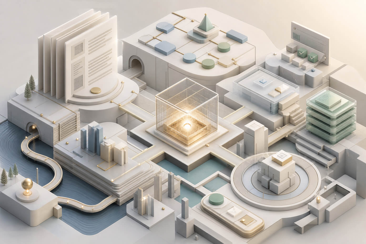 A complete development context converging into a glowing central model, with pages, data, tests, and rules connected around it