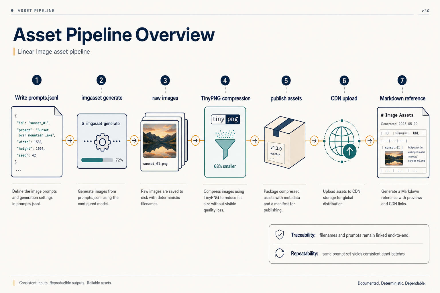 Technical infographic reconstruction of an image asset pipeline