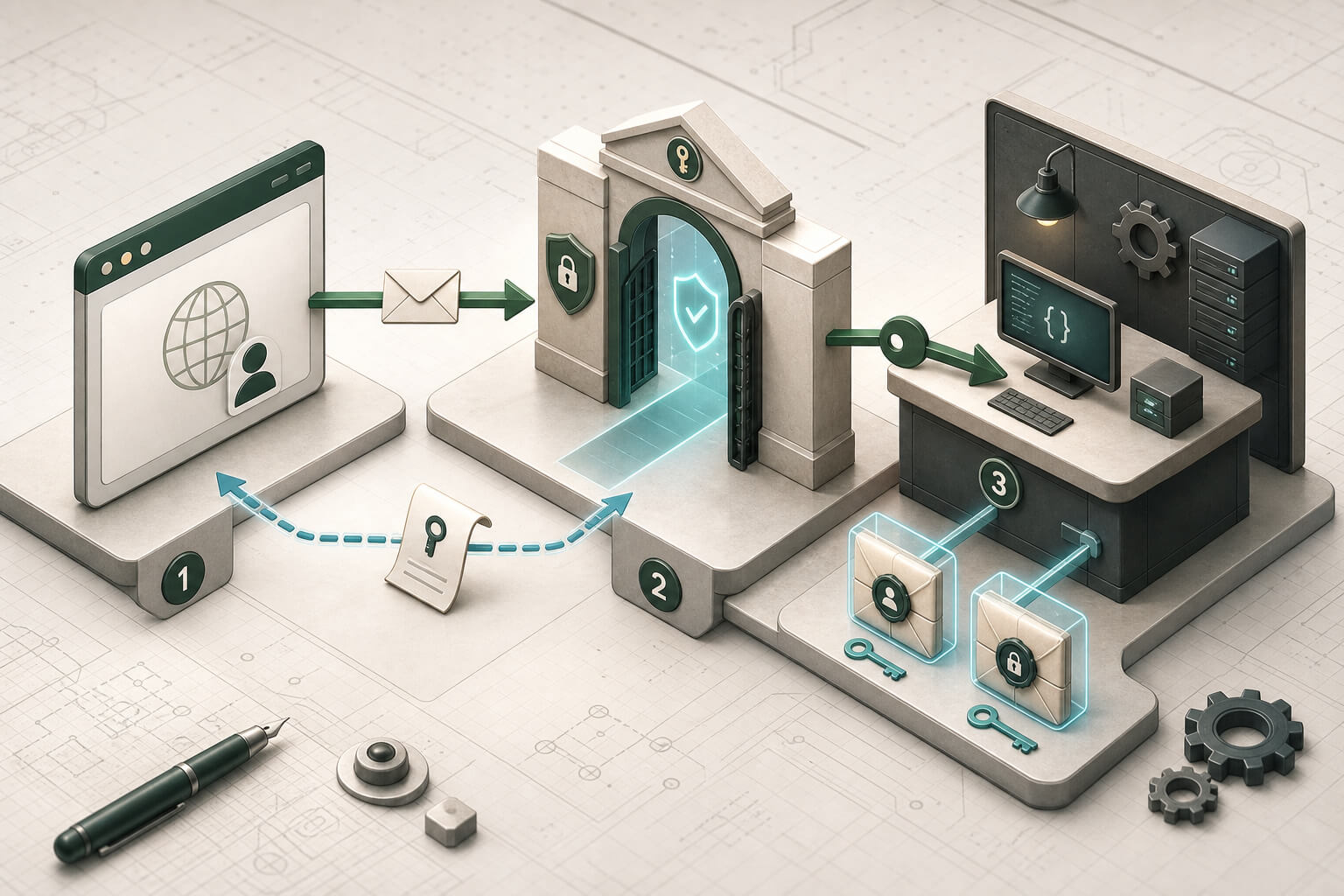 A simplified OIDC path where code returns to the backend and tokens are exchanged server-side
