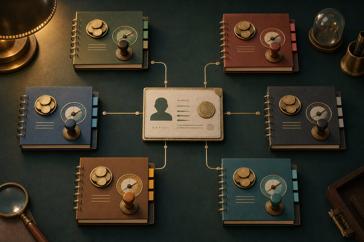 One central identity mapped to several application-specific user ledgers