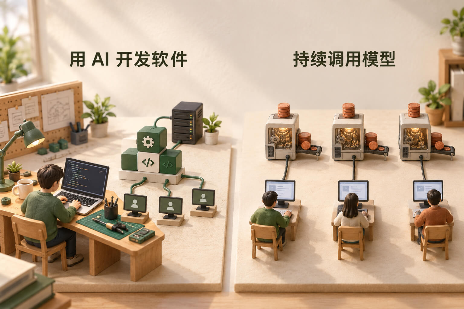开发时使用 AI 与运行时持续调用模型的两种成本结构示意图