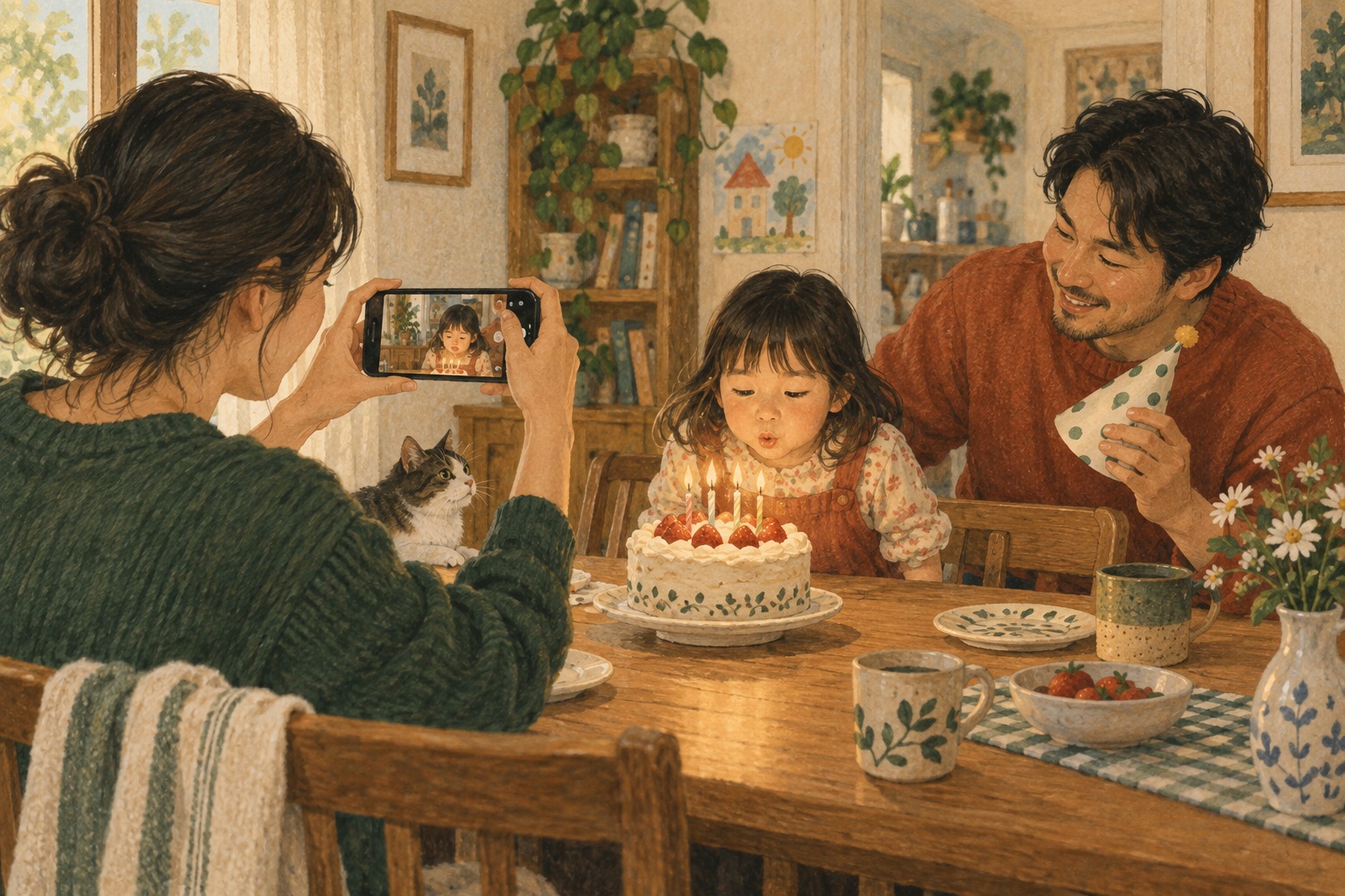 家长用手机记录孩子的生日,照片和视频随生活不断积累